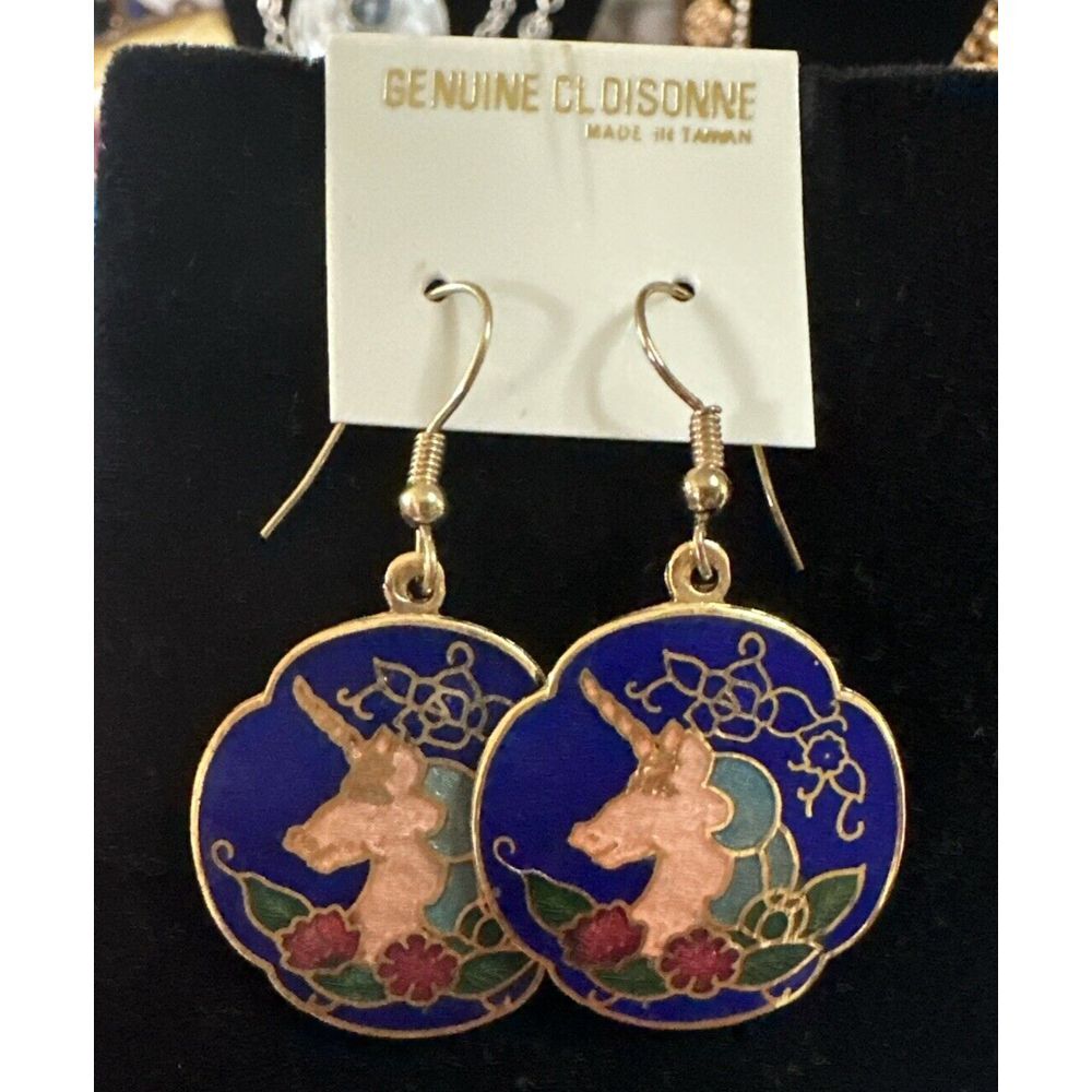 Vintage Genuine Cloisonne Blue Enamel Dangle Unicorn Earrings‎